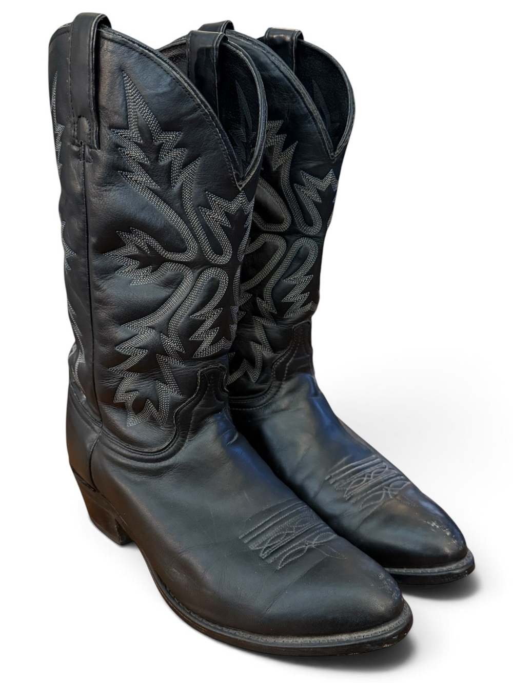 VTG USA Wrangler Black Leather Pointed Toe Western Boots 9 Embroidered Cowboy